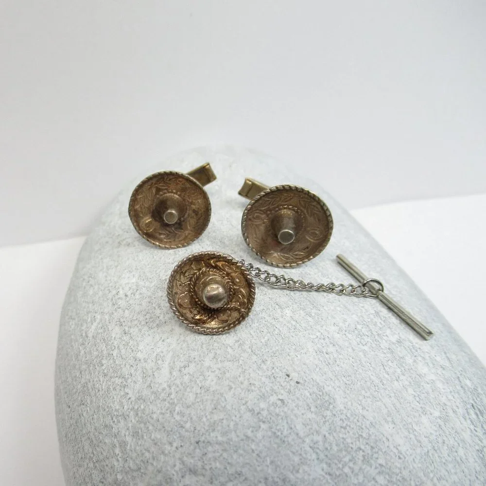 Vintage Sterling Sombrero Cuff Links snd tie tack
